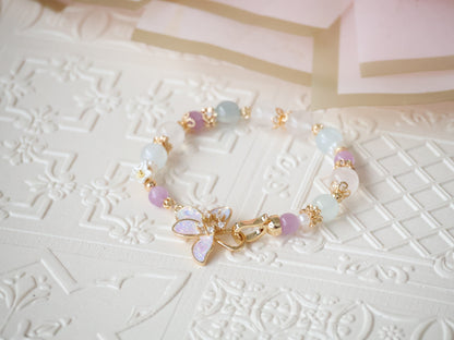 *Instocks* Aquamarine, Kunzite & White Phantom Quartz with Flower Clasp Crystal Bracelet (Elastic)
