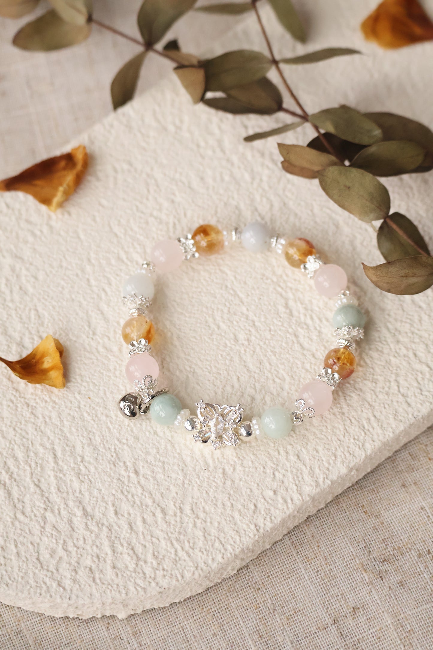 *Instocks* Azeztulite Citrine, Green Jadeite & Rose Quartz with Butterfly Charm Crystal Bracelet (Elastic)