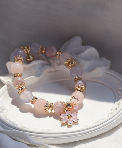 *Instocks* Pink Purple Emerald Mica, Lilac Chalcedony & Rose Quartz with Pink Flower & Mini Flower Bouquet Crystal Bracelet (Elastic)