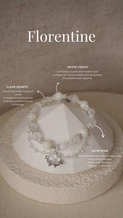 *Backorder* Florentine - Clear Quartz, White Conch & Satin Spar with Danglys and Flower Crystal Bracelet (Elastic)