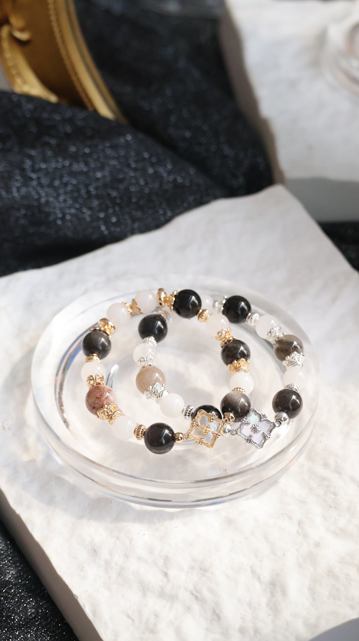 *Instocks* Garden Quartz, White Jadeite, Black Obsidian & White Phantom Quartz Crystal Bracelet (Elastic)