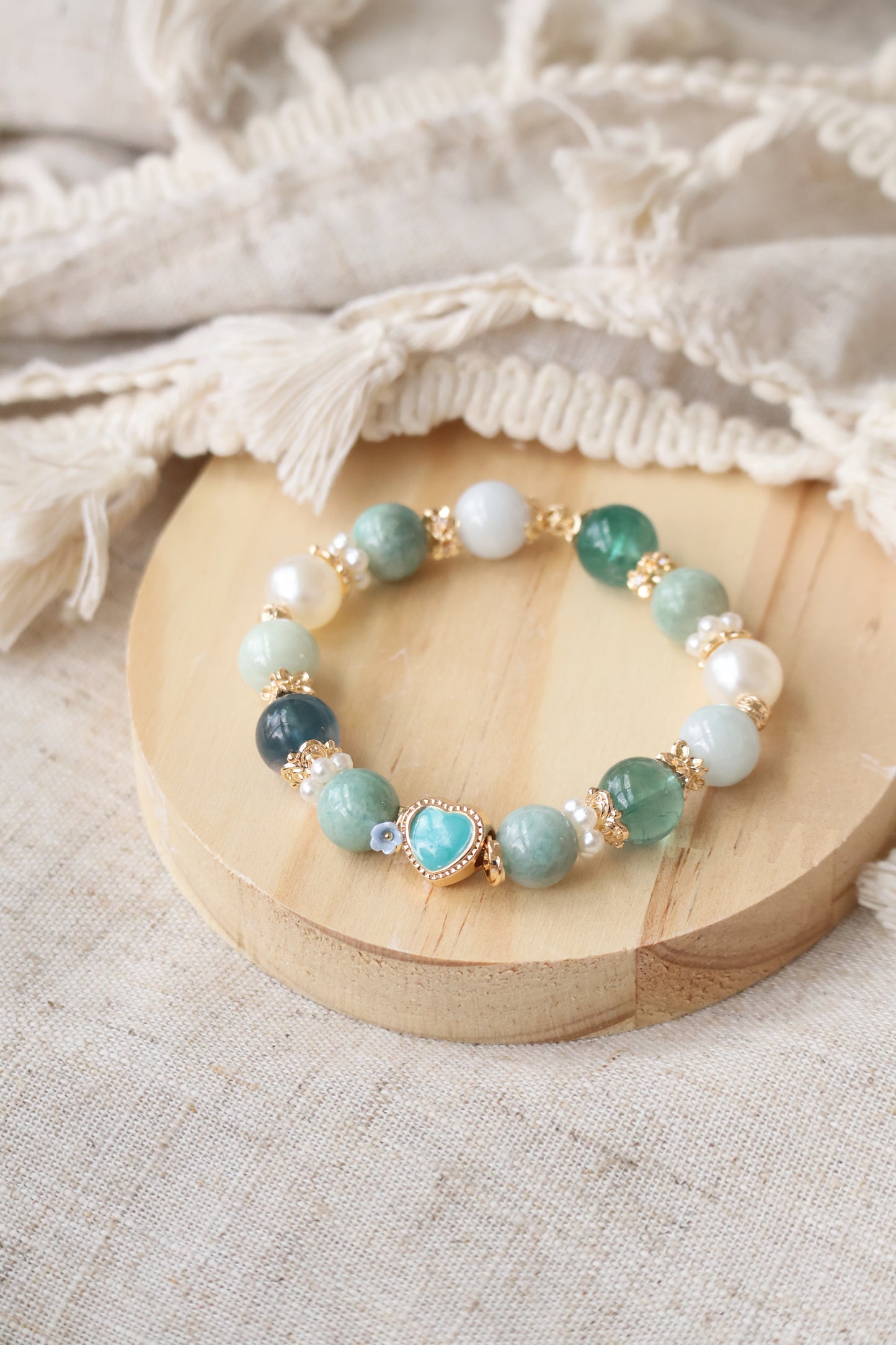 *Instocks* Amazonite, Green Jadeite & Rainbow Tourmaline with Blue Heart Crystal Bracelet (Elastic)