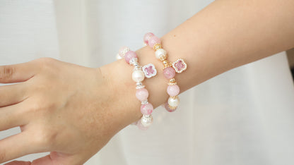 *Backorder* Cordelia Twin - Sakura Rhodonite, Rose Quartz & Freshwater Pearl with Sparkly Pink Clover Crystal Bracelet (Elastic)