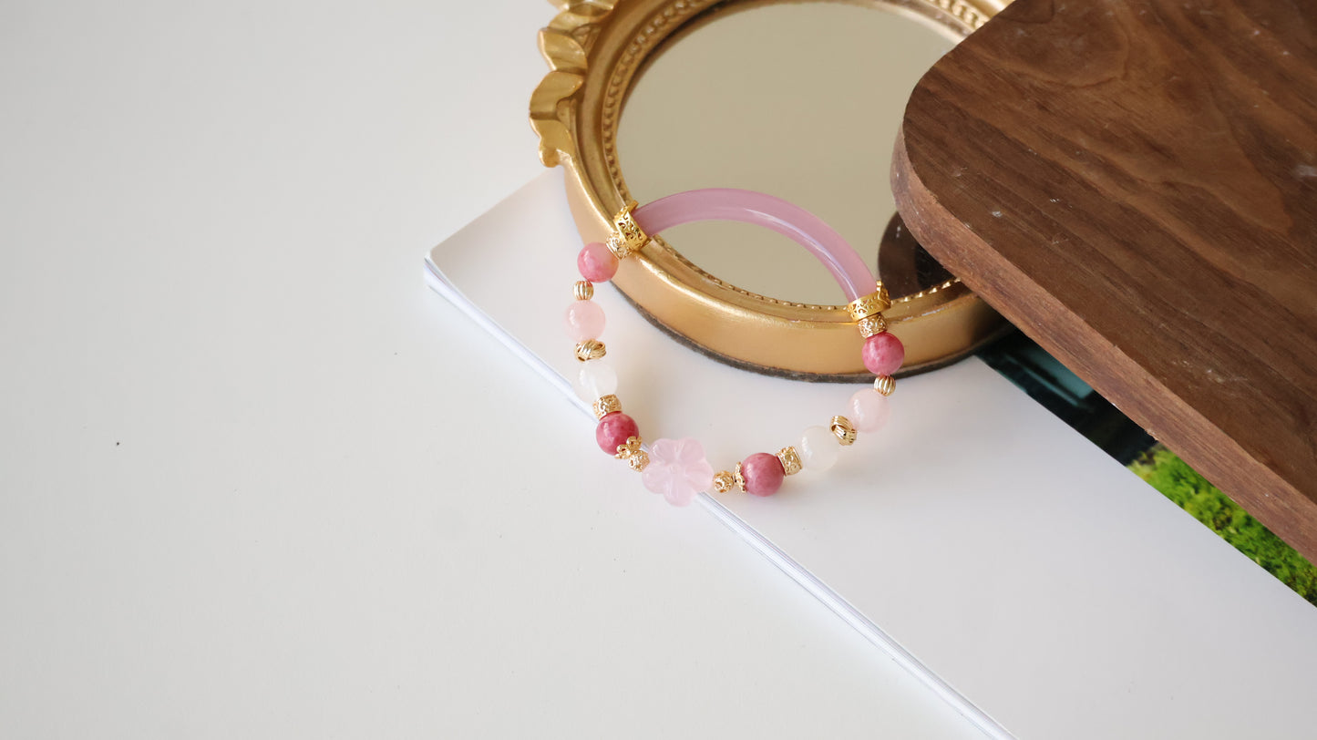 *Backorder* Sakura Flower - Sakura Rhodonite, White Phantom Quartz, Rose Quartz & Pink Chalcedony Half Bangle Crystal Bracelet (Elastic)