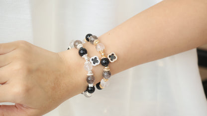 *Backorder* Cordelia Twin - Black Strawberry Quartz, Black Tourmaline & Herkimer Diamond with Sparkly Black Clover Crystal Bracelet (Elastic)