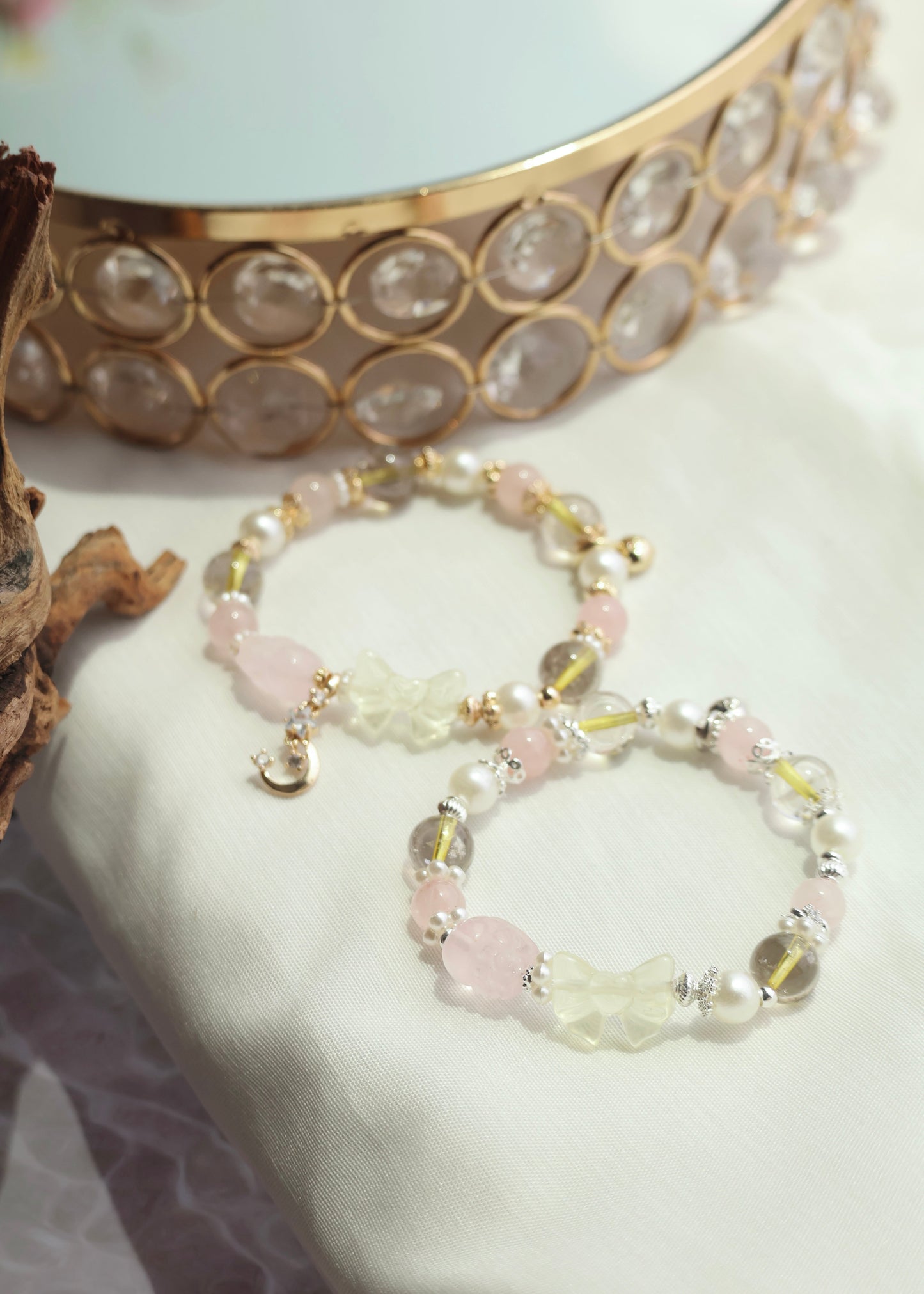 *Instocks* Gold Rutile & Rose Quartz with Lemon Quartz Ribbon & Rose Quartz Pixiu Crystal Bracelet (Elastic)