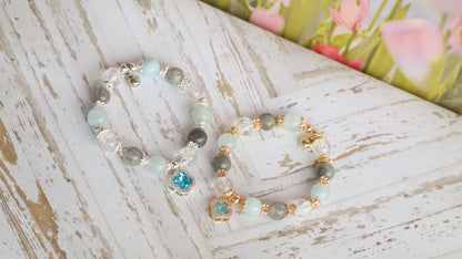*Instocks* Cordelia Twin - Milky Aquamarine, Grey Rabbit Hair & Crackled Clear Quartz with Sparkly Blue Clover Crystal Bracelet (Elastic)