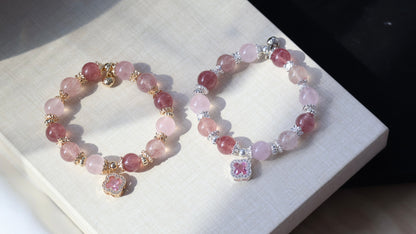 *Backorder* Cordelia Twin - Strawberry Quartz & Rose Quartz with Sparkly Pink Clover Crystal Bracelet (Elastic)