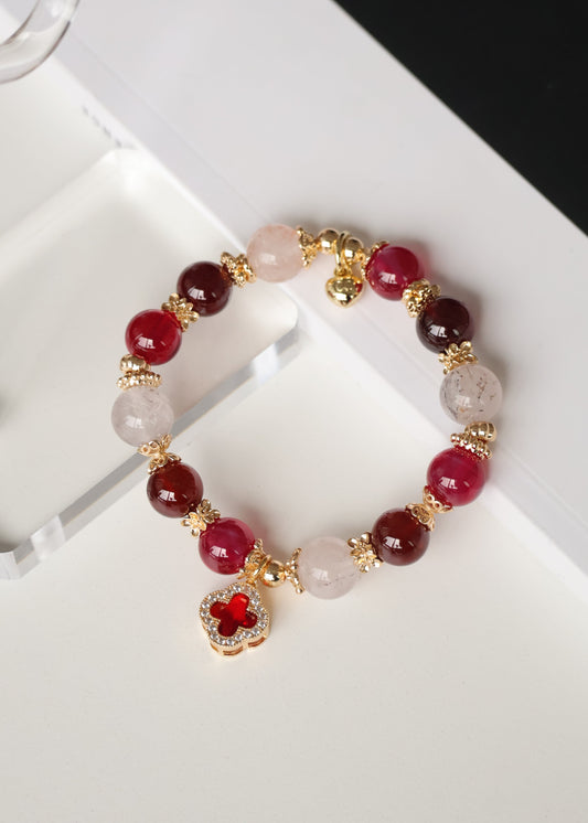 *Instocks* Cordelia Twin - Ruby, Garnet & Dendritic Rose Quartz with Sparkly Red Clover Crystal Bracelet (Elastic)