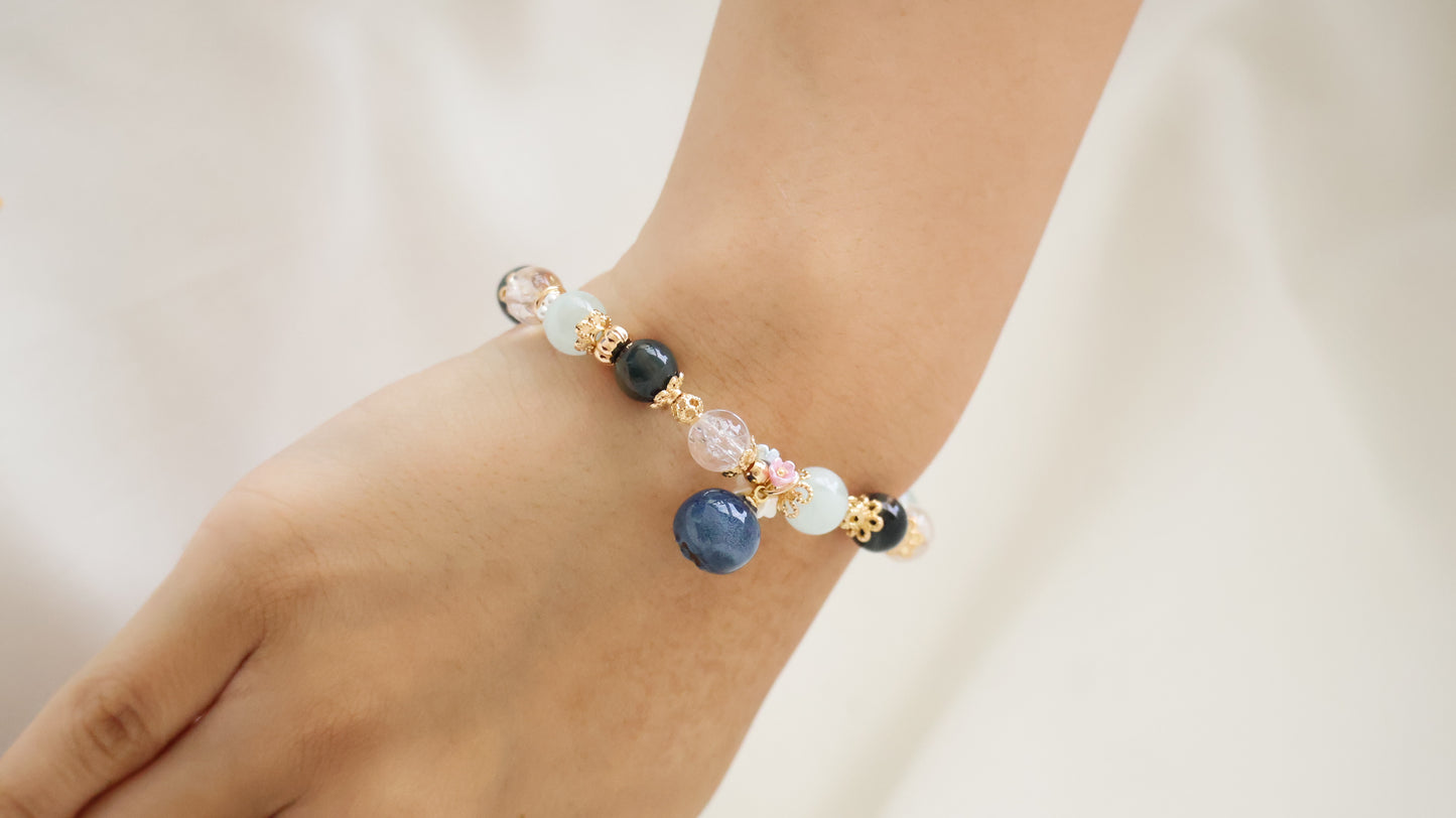 *Backorder* Glazed Blueberry - Pietersite, Milky Aquamarine & Clear Quartz with Bouquet Crystal Bracelet (Elastic)