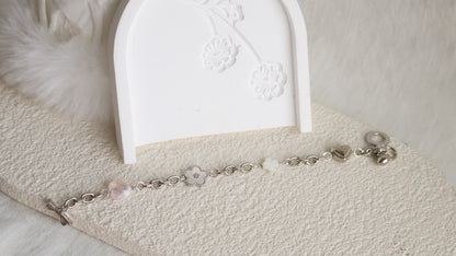 *Backorder* Celine - Chain with Snow Garden Rose Quartz Heart, MOP Clover & Flower Crystal Bracelet (OT Clasp) 2.0