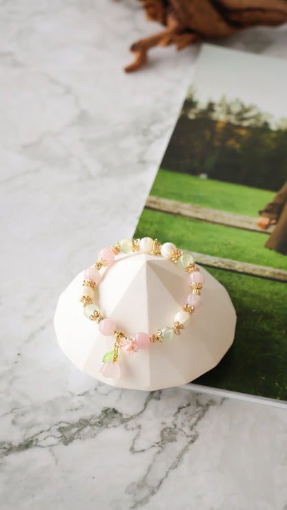 *Instocks* Prehnite, White Conch & Pink Purple Emerald Mica with Rose Quartz Dangly Rose & Bouquet Crystal Bracelet (Elastic)