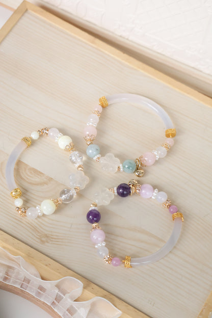*Instocks* Amethyst, Kunzite & White Agate with Sakura Flower & White Agate Bangle Crystal Bracelet (Elastic)