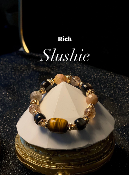 *Instocks* Rich Slushie - Tiger's Eye Barrel Freeform, Drum Silver Sheen Obsidian, Black Gold Super 7 & Faceted Fossilized Coral Jade Crystal Bracelet (Elastic)