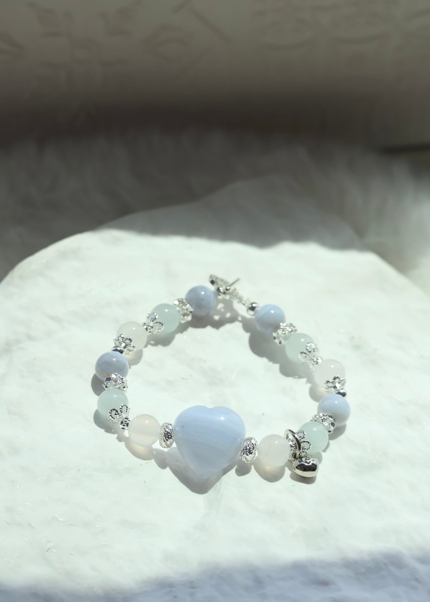 *Instocks* Blue Lace Agate, Aquamarine & White Agate with Blue Lace Agate Heart Crystal Bracelet (Elastic)