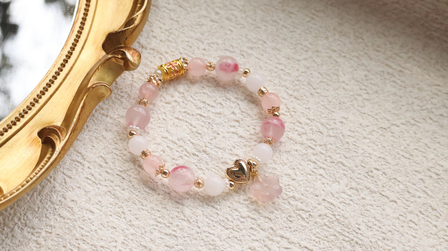 *Instocks* White Jadeite, Sakura Rhodonite & Rose Quartz with Heart & Floral Barrel and Pink Chalcedony Sakura Flower Crystal Bracelet (Elastic)