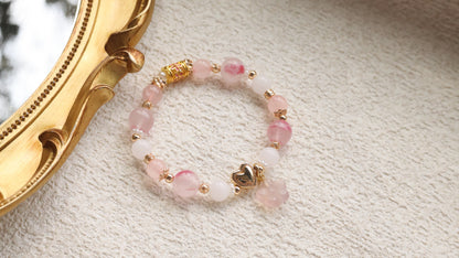 *Instocks* White Jadeite, Sakura Rhodonite & Rose Quartz with Heart & Floral Barrel and Pink Chalcedony Sakura Flower Crystal Bracelet (Elastic)