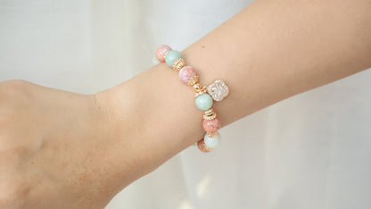 *Backorder* Cordelia Twin - Green Jadeite & Flower Agate with Sparkly Clover Crystal Bracelet (Elastic)