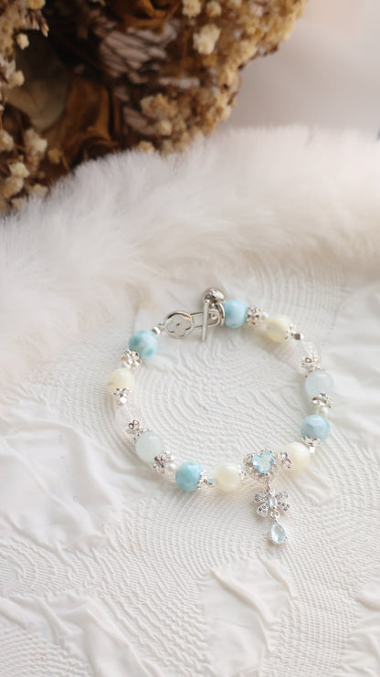 *Instocks* Larimar, White Conch & Aquamarine with Blue Heart & Clover OT Clasp Crystal Bracelet (Elastic)