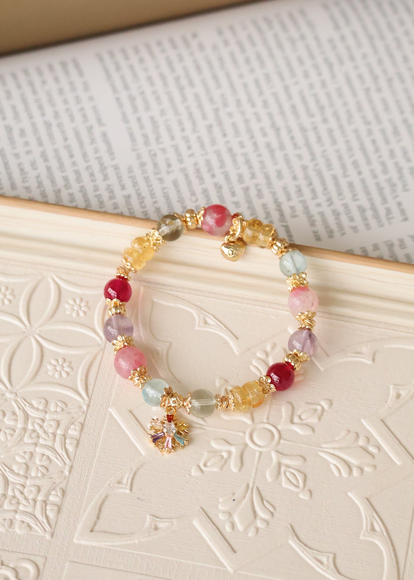 *Backorder* Duobao 多宝 - Prasiolite, Amethyst, Blue Topaz, Sakura Rhodonite, Red Star Ruby & Citrine Rondelles with Multi-Coloured Snowflake Crystal Bracelet (Elastic) 2.0
