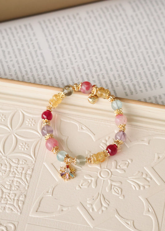 *Backorder* Duobao 多宝 - Prasiolite, Amethyst, Blue Topaz, Sakura Rhodonite, Red Star Ruby & Citrine Rondelles with Multi-Coloured Snowflake Crystal Bracelet (Elastic) 2.0