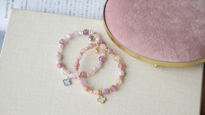 *Instocks* Mini Clover Stacker - Pink Purple Emerald Mica, Kunzite & Rose Quartz Crystal Bracelet (Elastic)