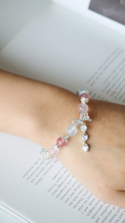*Instocks* Rose Quartz, Strawberry Quartz, Cat Eye & Aquamarine with Ribbon & Triple Heart Dangly Crystal Bracelet (Elastic)