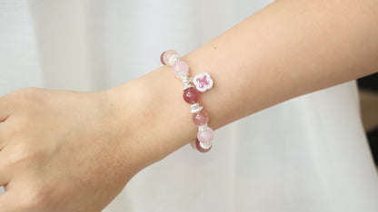 *Backorder* Cordelia Twin - Strawberry Quartz & Rose Quartz with Sparkly Pink Clover Crystal Bracelet (Elastic)