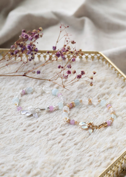 *Instocks* Aquamarine, Kunzite & White Phantom Quartz with Flower Clasp Crystal Bracelet (Elastic)