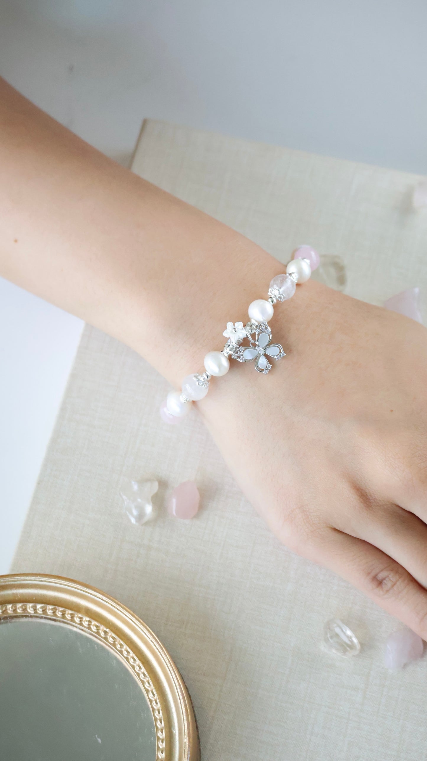 *Backorder* Pearlyn - Milky Aquamarine, Rose Quartz, White Phantom Quartz & Freshwater Pearls with MOP Butterfly Crystal Bracelet (Elastic)