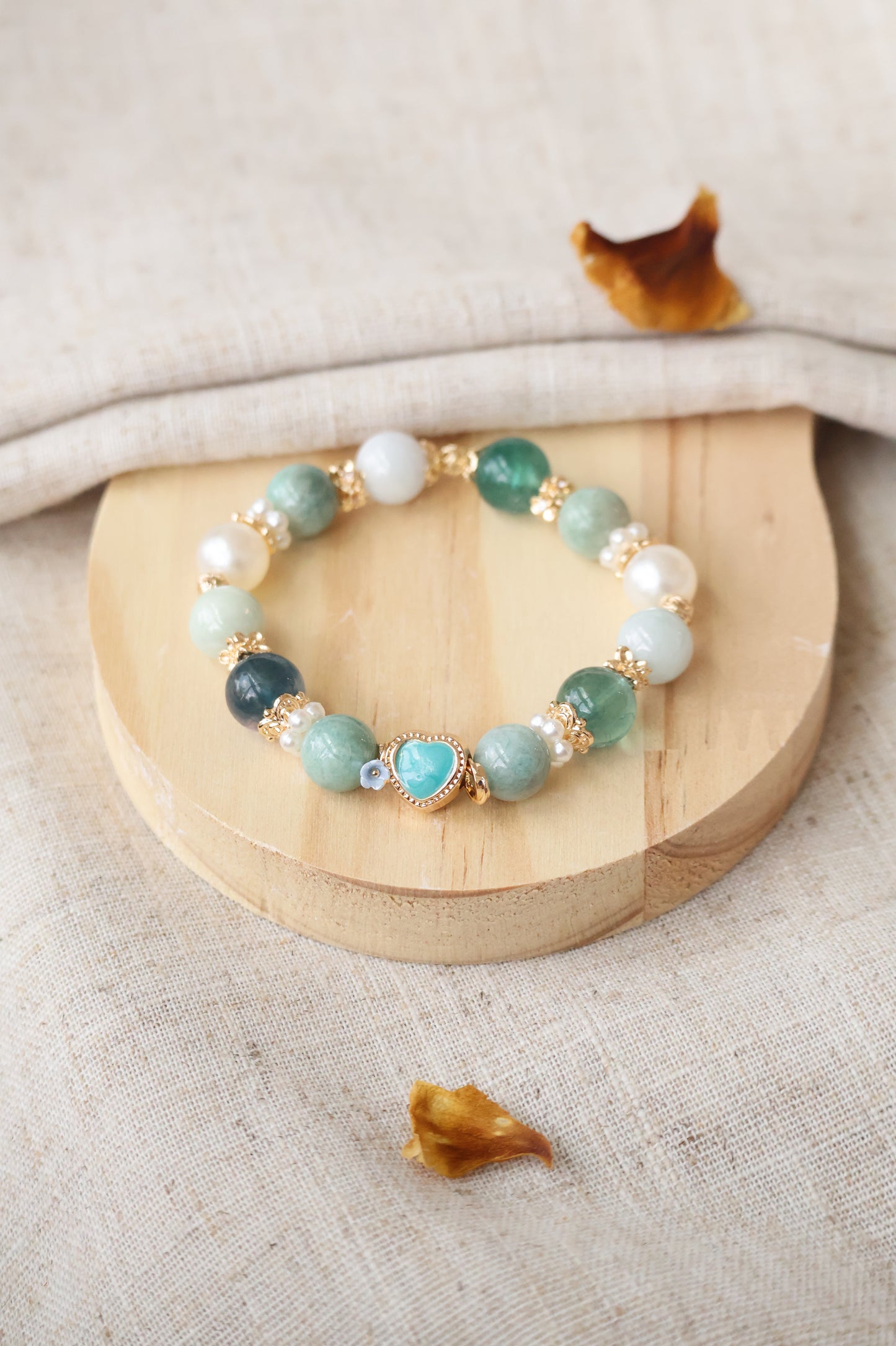*Instocks* Amazonite, Green Jadeite & Rainbow Tourmaline with Blue Heart Crystal Bracelet (Elastic)