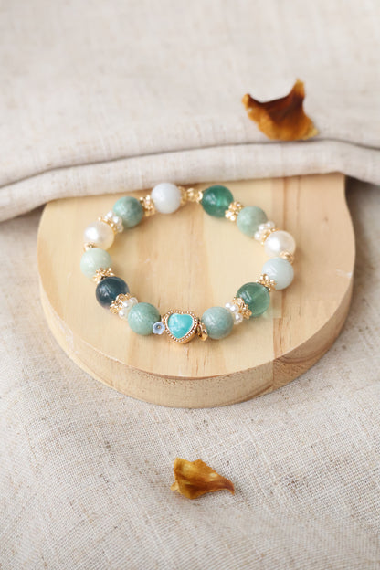 *Instocks* Amazonite, Green Jadeite & Rainbow Tourmaline with Blue Heart Crystal Bracelet (Elastic)