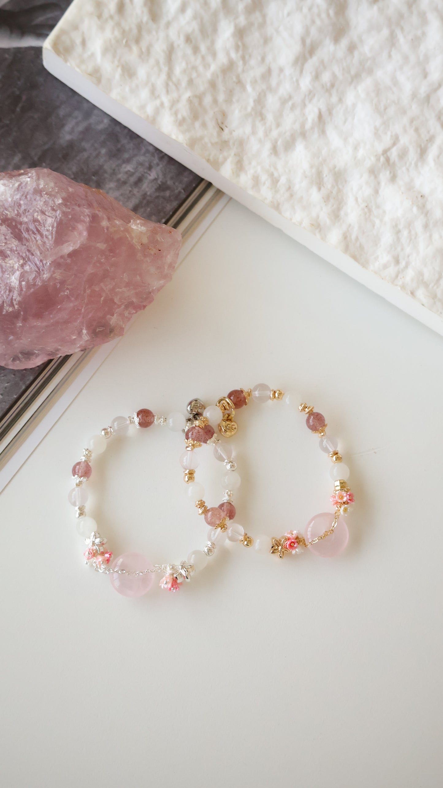 *Backorder* Rose Quartz Ping An Kou 平安扣  - Strawberry Quartz, Rose Quartz & Moonstone with Double Bouquet Crystal Bracelet (Elastic)