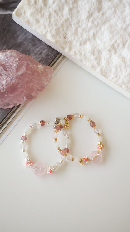 *Backorder* Rose Quartz Ping An Kou 平安扣  - Strawberry Quartz, Rose Quartz & Moonstone with Double Bouquet Crystal Bracelet (Elastic)