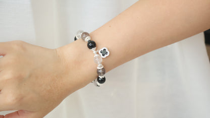 *Backorder* Cordelia Twin - Black Strawberry Quartz, Black Tourmaline & Herkimer Diamond with Sparkly Black Clover Crystal Bracelet (Elastic)