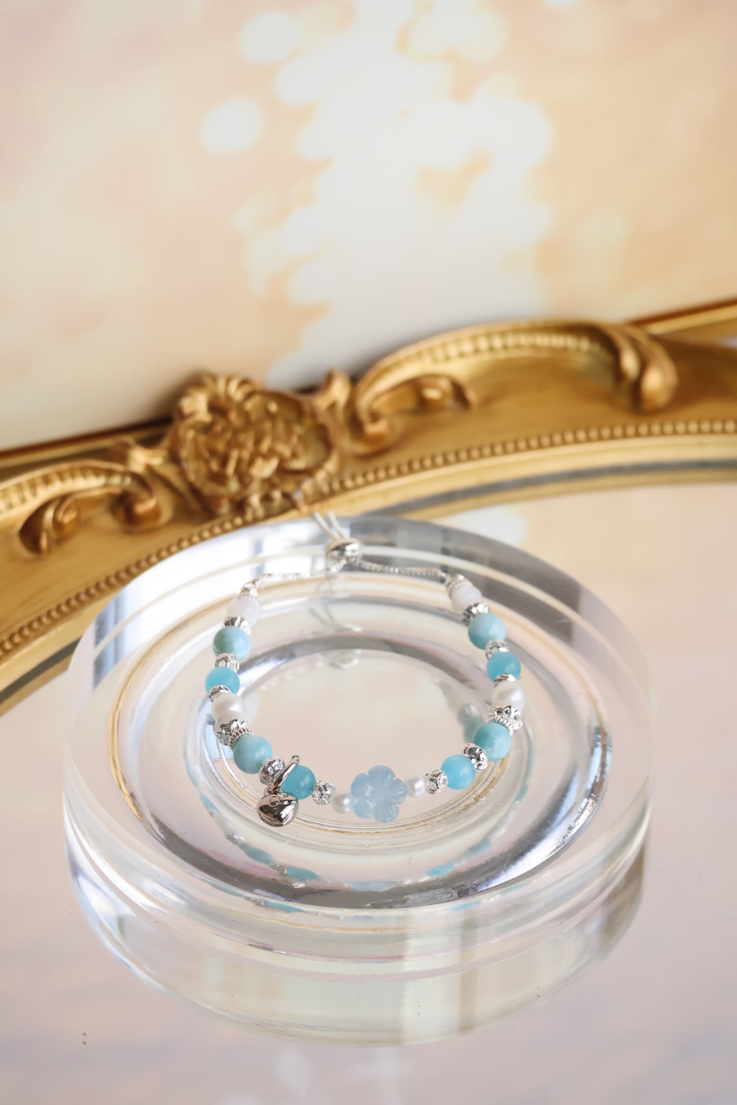 *Instocks* Larimar, Blue Cat Eye & White Conch Rondelles with Aquamarine Sakura Flower Crystal Bracelet (Push pull)
