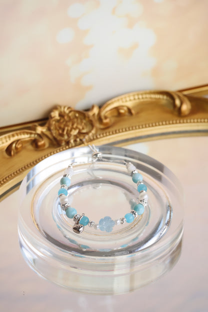*Instocks* Larimar, Blue Cat Eye & White Conch Rondelles with Aquamarine Sakura Flower Crystal Bracelet (Push pull)