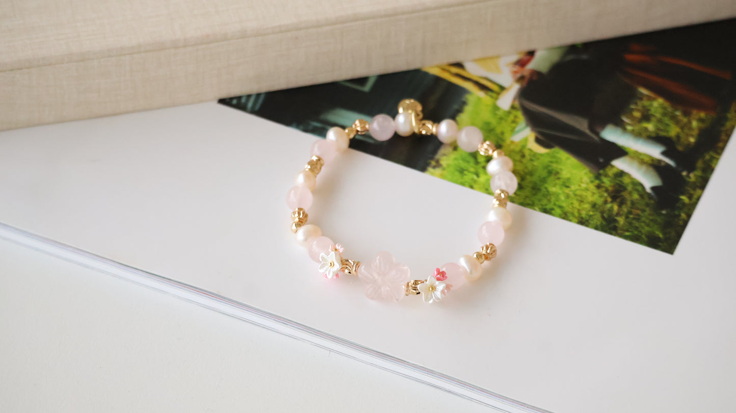 *Backorder* Sakura Flower - Rose Quartz & Freshwater Pearls with Double Bouquet Crystal Bracelet (Elastic)
