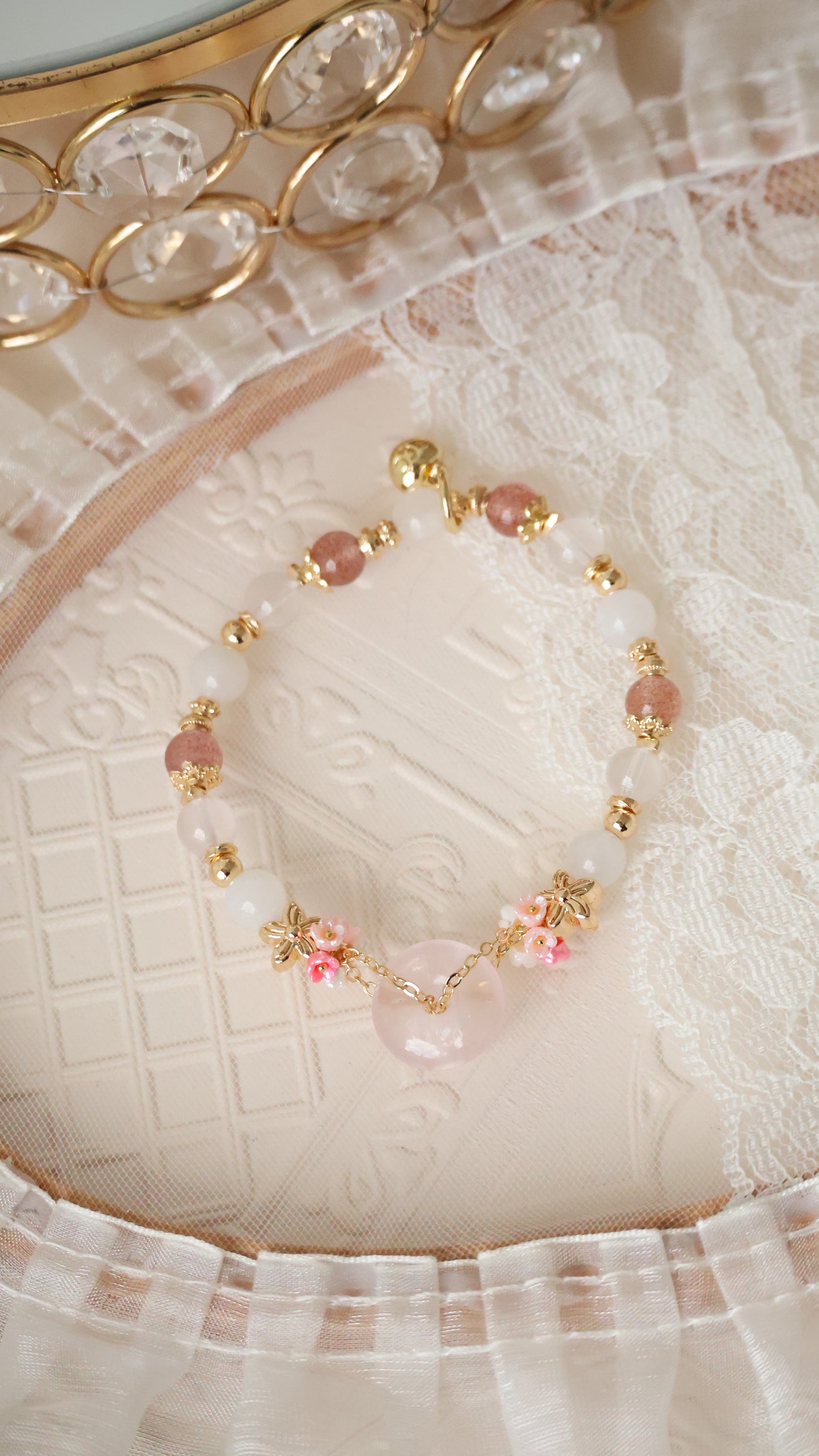 *Backorder* Rose Quartz Ping An Kou 平安扣  - Strawberry Quartz, Rose Quartz & Moonstone with Double Bouquet Crystal Bracelet (Elastic)
