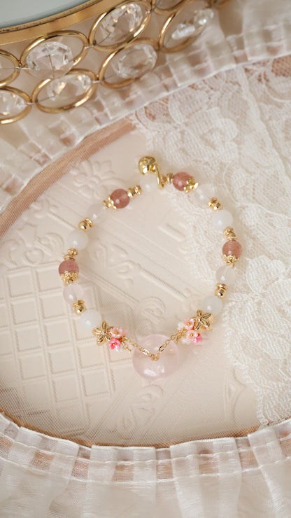 *Backorder* Rose Quartz Ping An Kou 平安扣  - Strawberry Quartz, Rose Quartz & Moonstone with Double Bouquet Crystal Bracelet (Elastic)