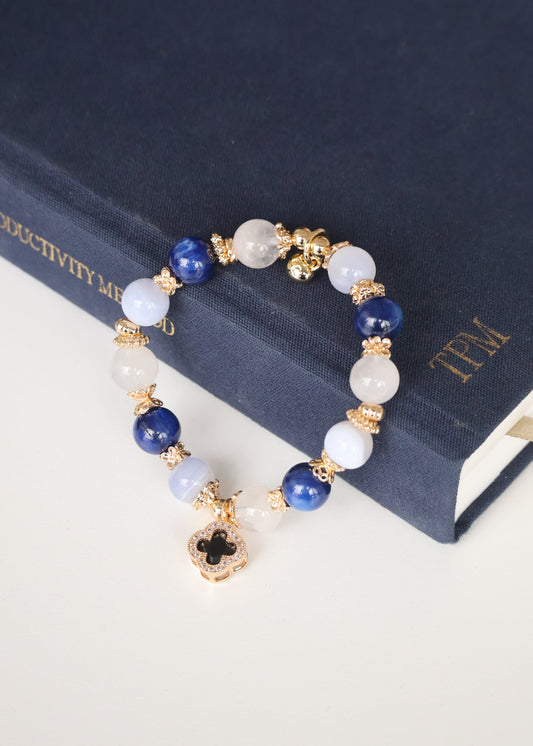 *Instocks* Cordelia Twin - Blue Kyanite, Blue Lace Agate & White Phantom Quartz with Sparkly Blue Clover Crystal Bracelet (Elastic)