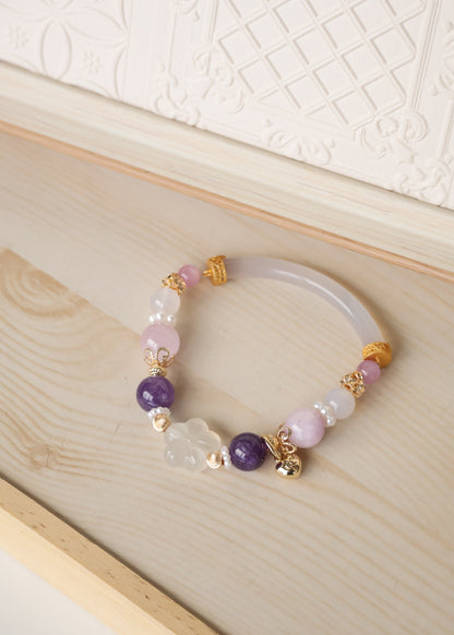 *Instocks* Amethyst, Kunzite & White Agate with Sakura Flower & White Agate Bangle Crystal Bracelet (Elastic)