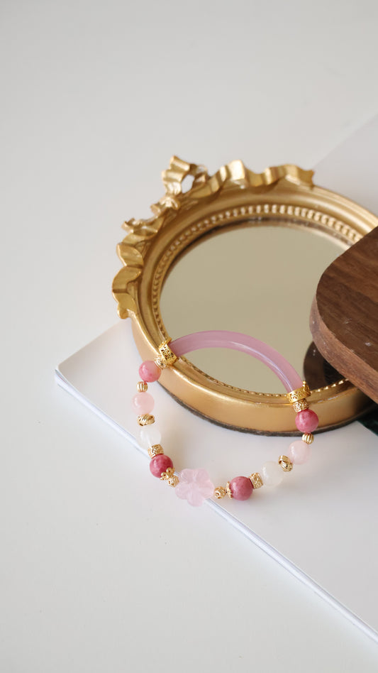 *Backorder* Sakura Flower - Sakura Rhodonite, White Phantom Quartz, Rose Quartz & Pink Chalcedony Half Bangle Crystal Bracelet (Elastic)