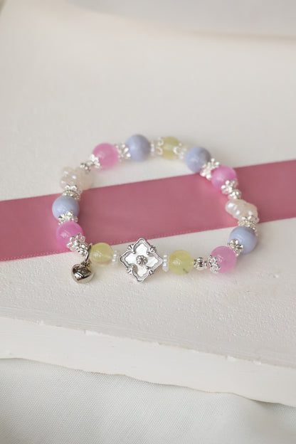 *Instocks* Prehnite, Pink Satin Spar & Blue Lace Agate with MOP Clover Crystal Bracelet (Elastic)