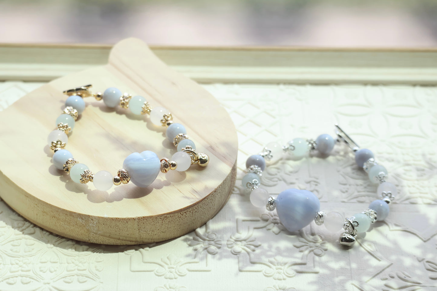 *Instocks* Blue Lace Agate, Aquamarine & White Agate with Blue Lace Agate Heart Crystal Bracelet (Elastic)