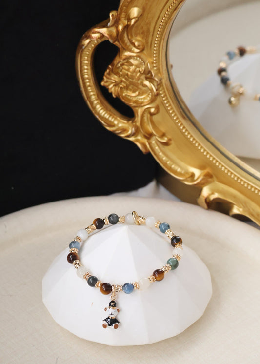 *Backorder* 6mm Polo RL - Devil Blue Aquamarine, Tiger's Eye & White Flash Moonstone with Bear Crystal Bracelet (Elastic)