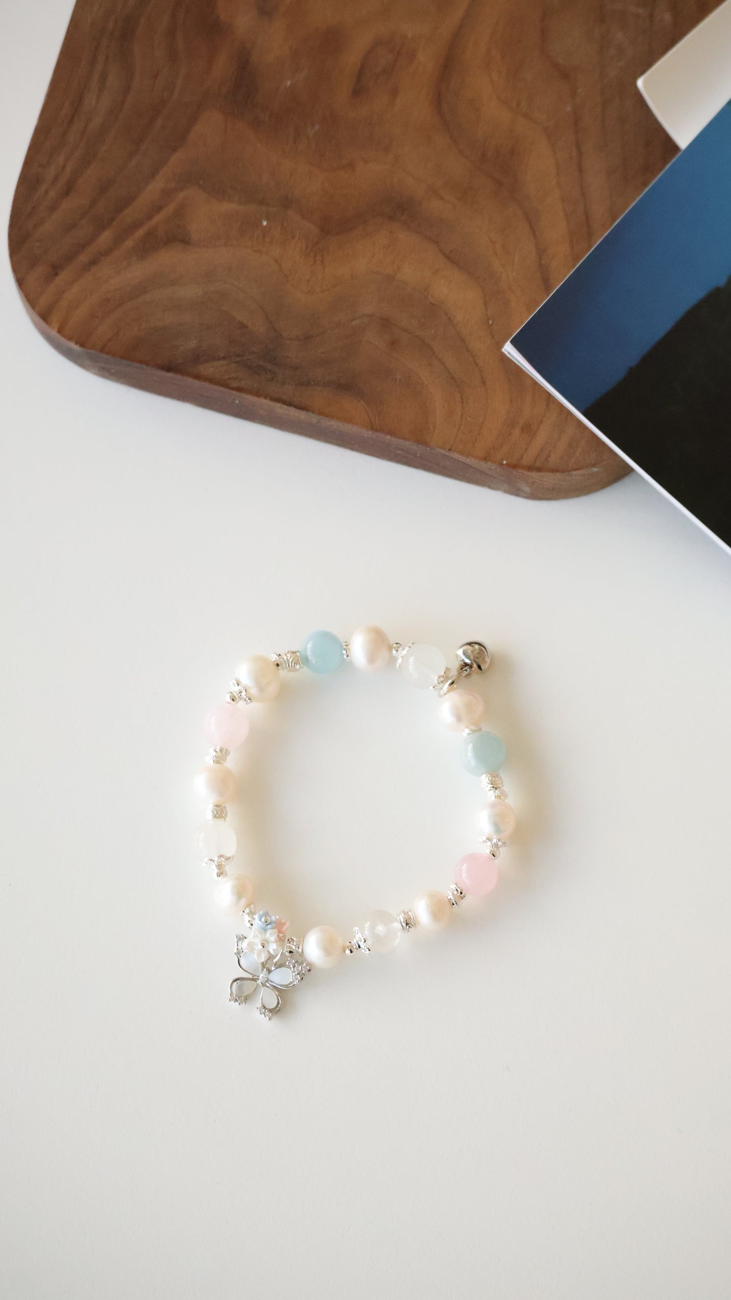 *Backorder* Pearlyn - Milky Aquamarine, Rose Quartz, White Phantom Quartz & Freshwater Pearls with MOP Butterfly Crystal Bracelet (Elastic)