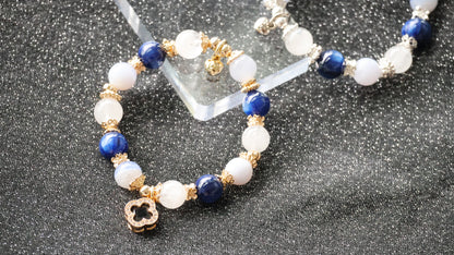 *Instocks* Cordelia Twin - Blue Kyanite, Blue Lace Agate & White Phantom Quartz with Sparkly Blue Clover Crystal Bracelet (Elastic)