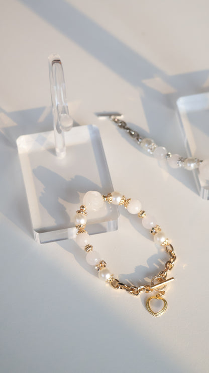 *Instocks*  White Jadeite & White Agate with White Jadeite Rose, Chain & OT Clasp and MOP Heart Crystal Bracelet (Elastic)