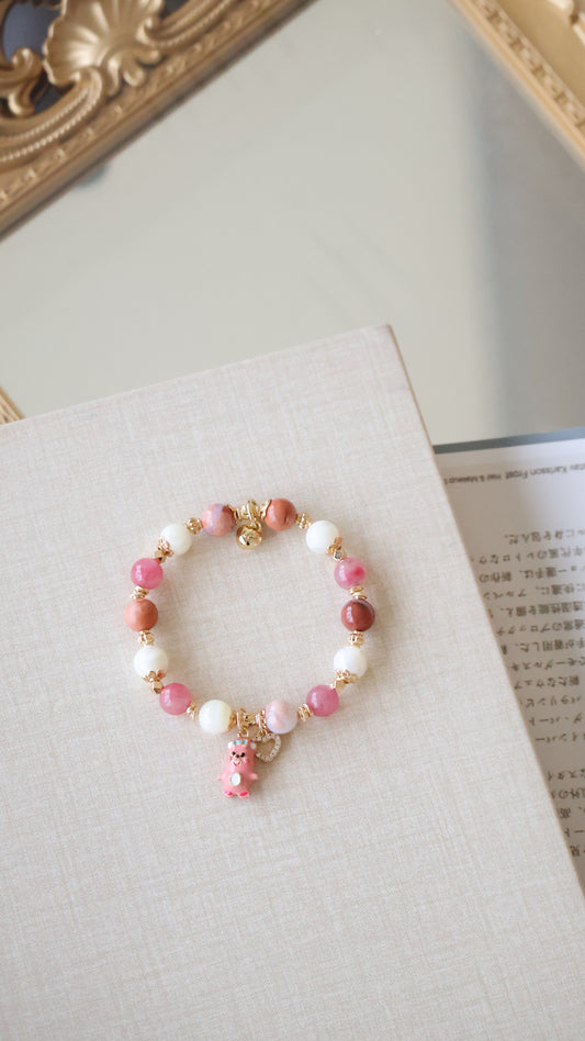 *Backorder* Loopy - Flower Agate, Sakura Rhodonite & White Conch with Loopy & Heart Crystal Bracelet (Elastic)